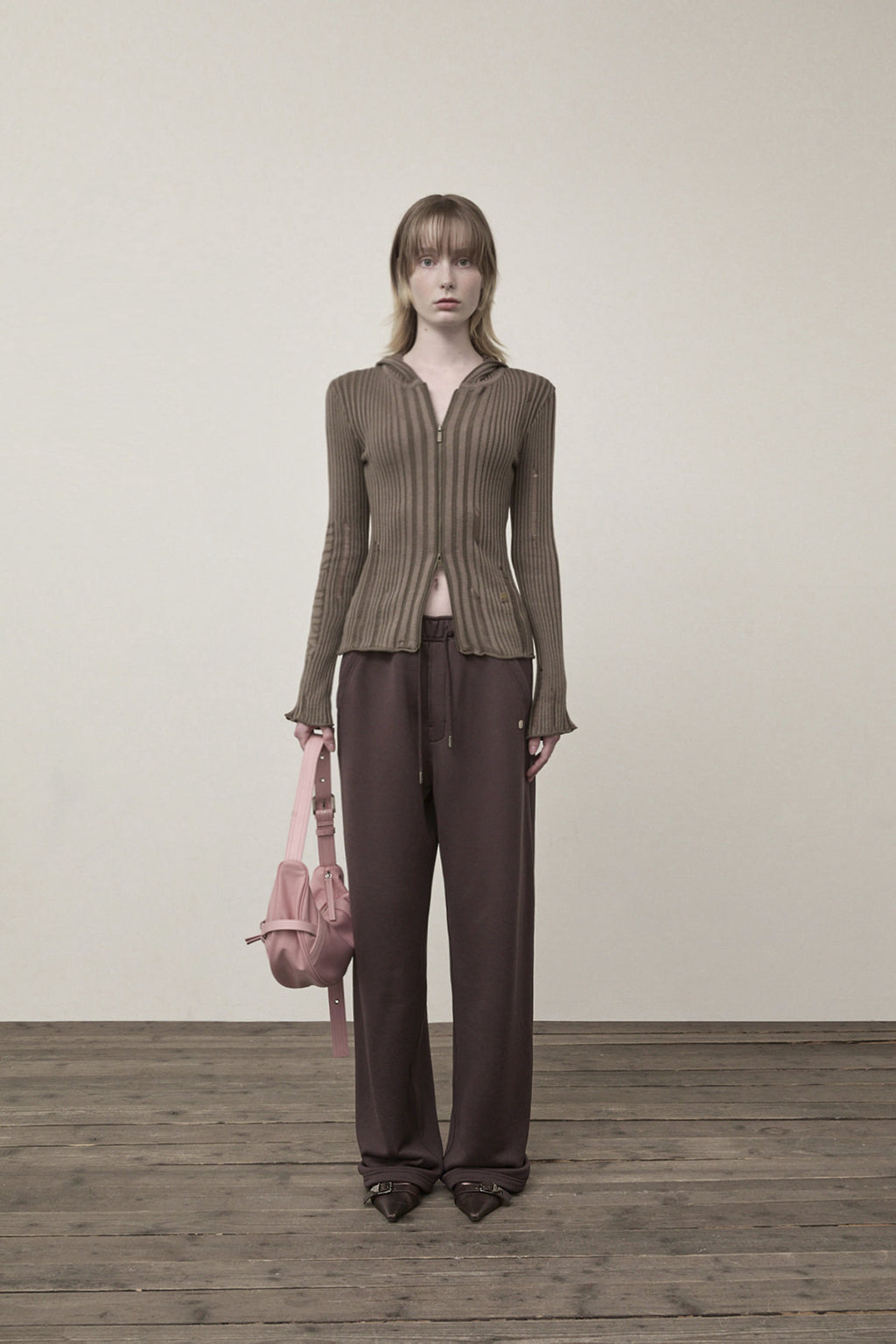 Matin Kim - Logo Point Damage Slim Hoody Cardigan (Khaki Brown) product image 10 | TRAB K-Fashion Australia