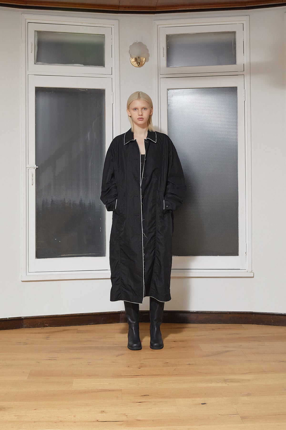 Matin Kim - Back Logo Point Nylon Long Coat (Black) product image 13 | TRAB K-Fashion Australia