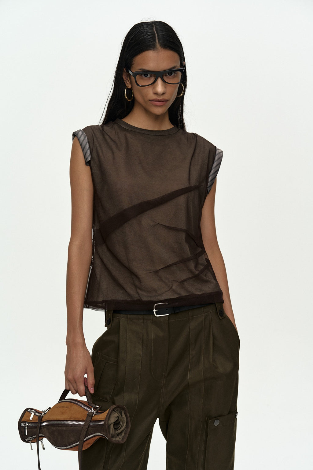 Andersson Bell - Layered Mesh Tuck & Dart Top (Brown) product image 1 | TRAB K-Fashion Australia