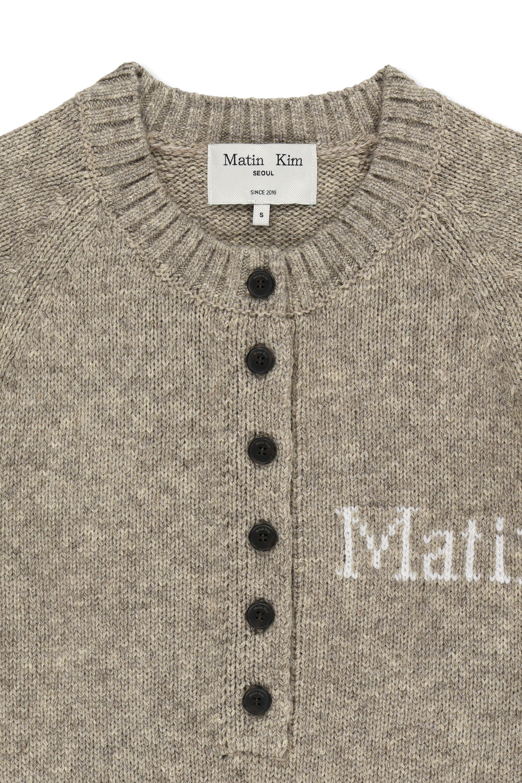 Matin Kim - Matin Button Point Henley Neck Logo Knit Top (Beige) product image 3 | TRAB K-Fashion Australia