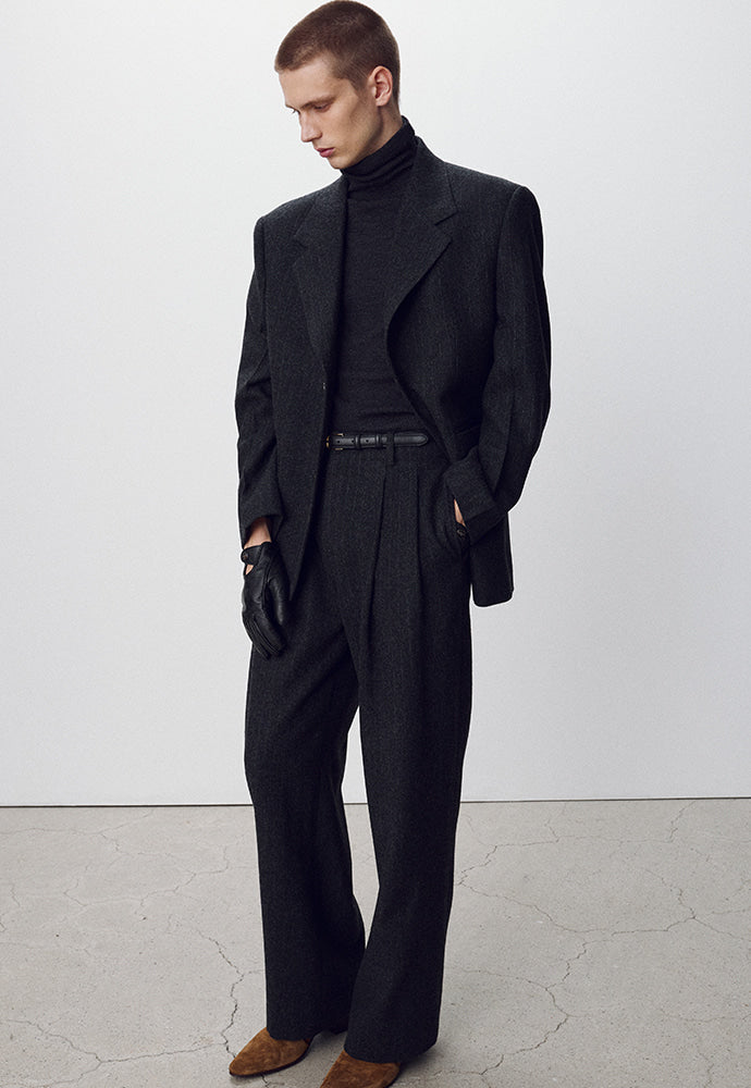 Tonywack - Striped Wool Double-Pleats Wide Trousers (Dark Grey Pinstripe) product image 2 | TRAB K-Fashion Australia