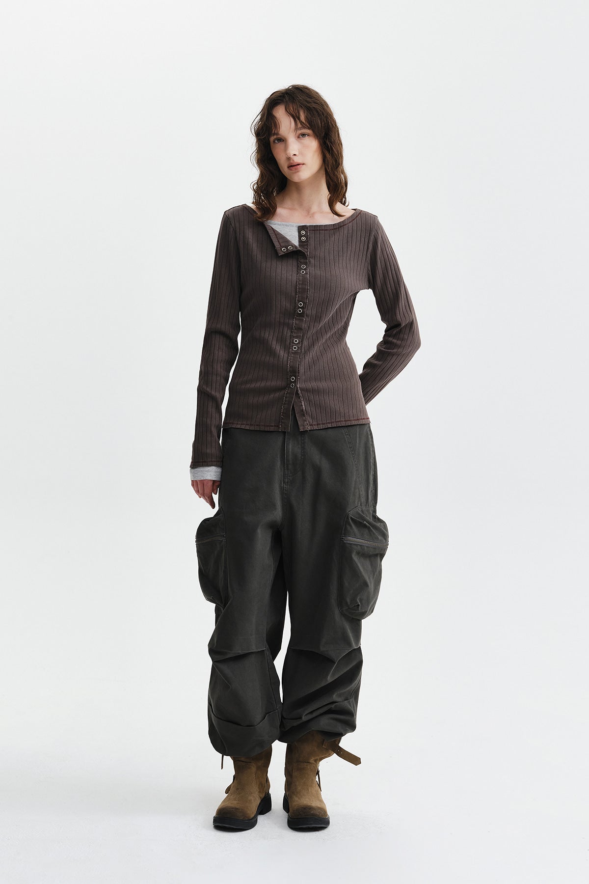 Matin Kim - Vintage Washed Ribbed Snap Top (Brown) product image 9 | TRAB K-Fashion Australia