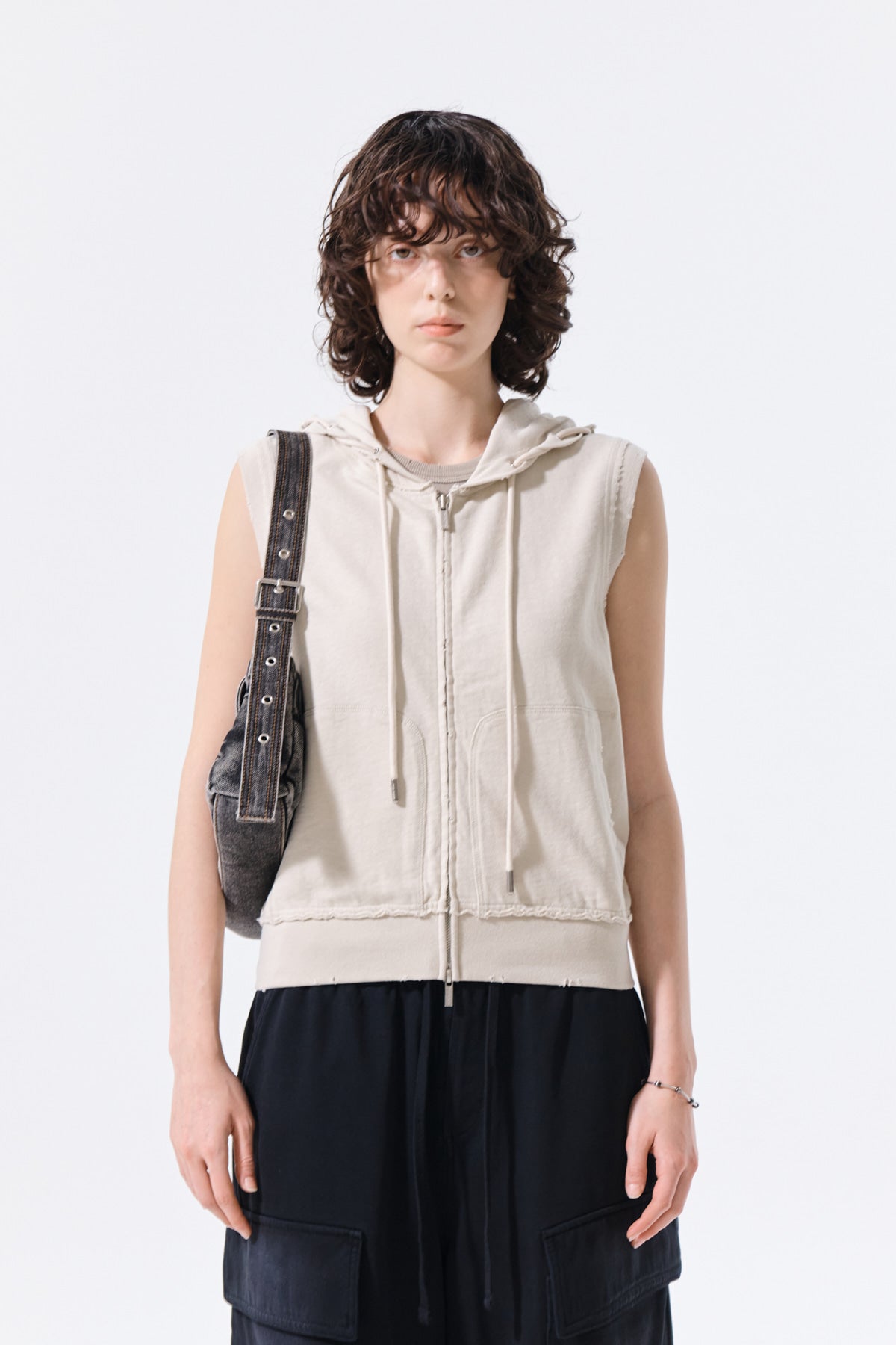 Matin Kim - Back Logo Jersey Hood Vest (Beige) product image 11 | TRAB K-Fashion Australia