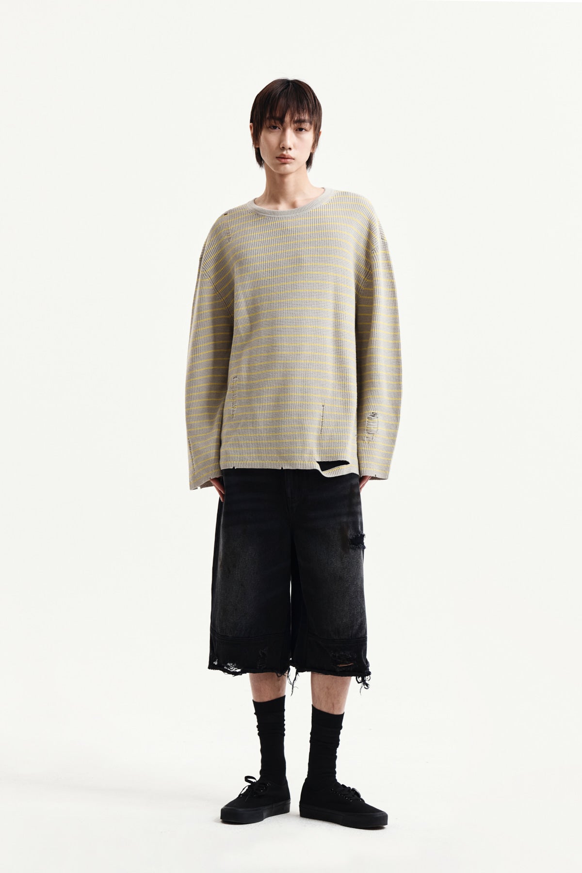 Matin Kim - Stripe Damaged Loose Pullover (Beige) product image 14 | TRAB K-Fashion Australia