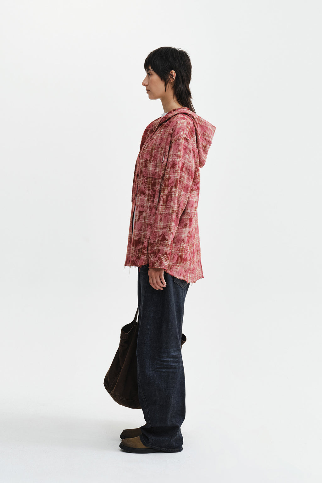 Matin Kim - Raw Cut Check Hooded Shirt (Red) product image 8 | TRAB K-Fashion Australia