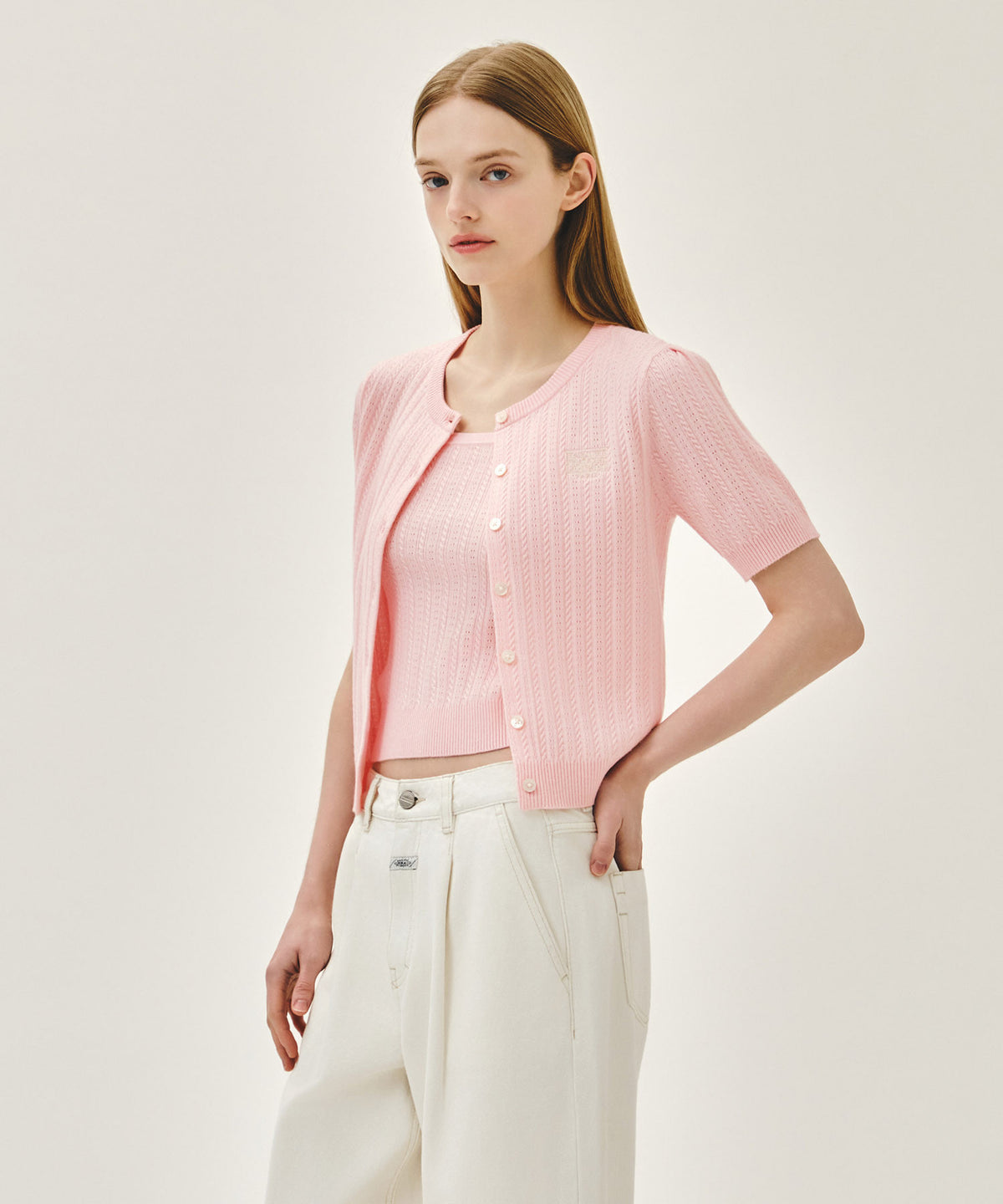 Marithe & Francois Girbaud - Small Classic Logo Half Knit Cardigan Set Up (Light Pink) product image 3 | TRAB K-Fashion Australia