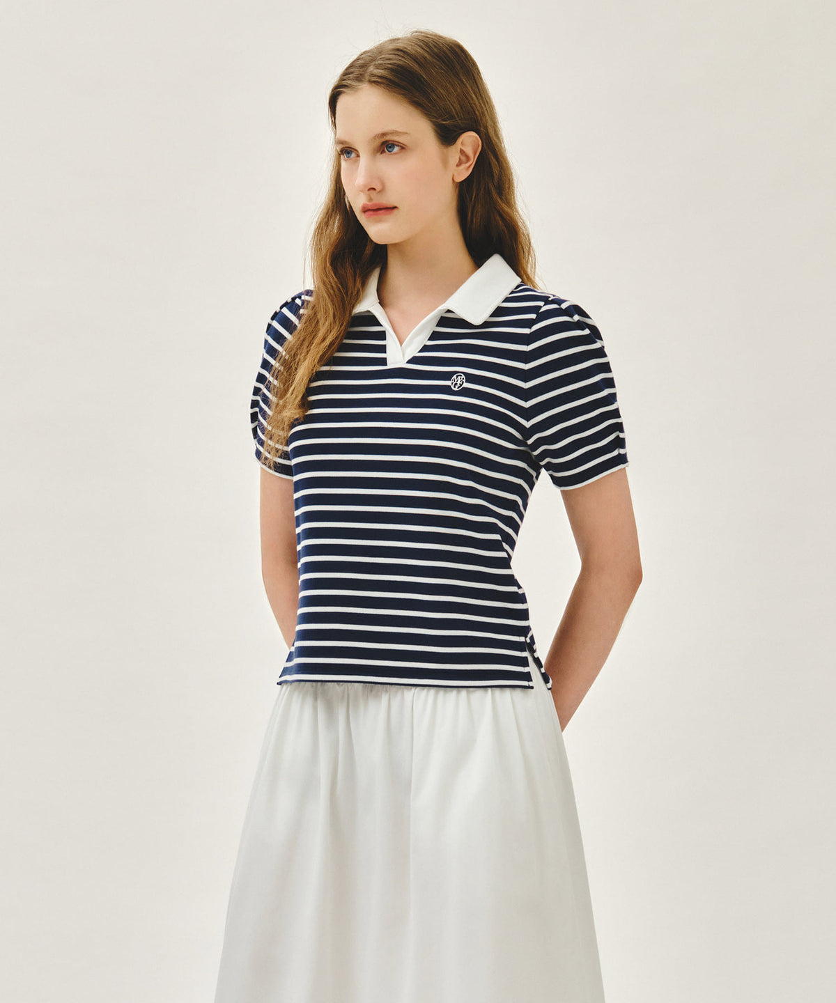 Marithe & Francois Girbaud - Collar Stripe Half Sleeve Crop Sweatshirt (Blue) product image 2 | TRAB K-Fashion Australia