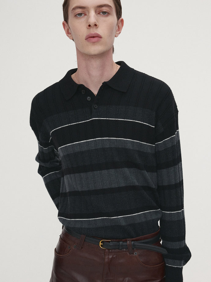 Tonywack - Super Fine Wool Ribbed Stripe Polo Knit (Black/Grey) product image 7 | TRAB K-Fashion Australia