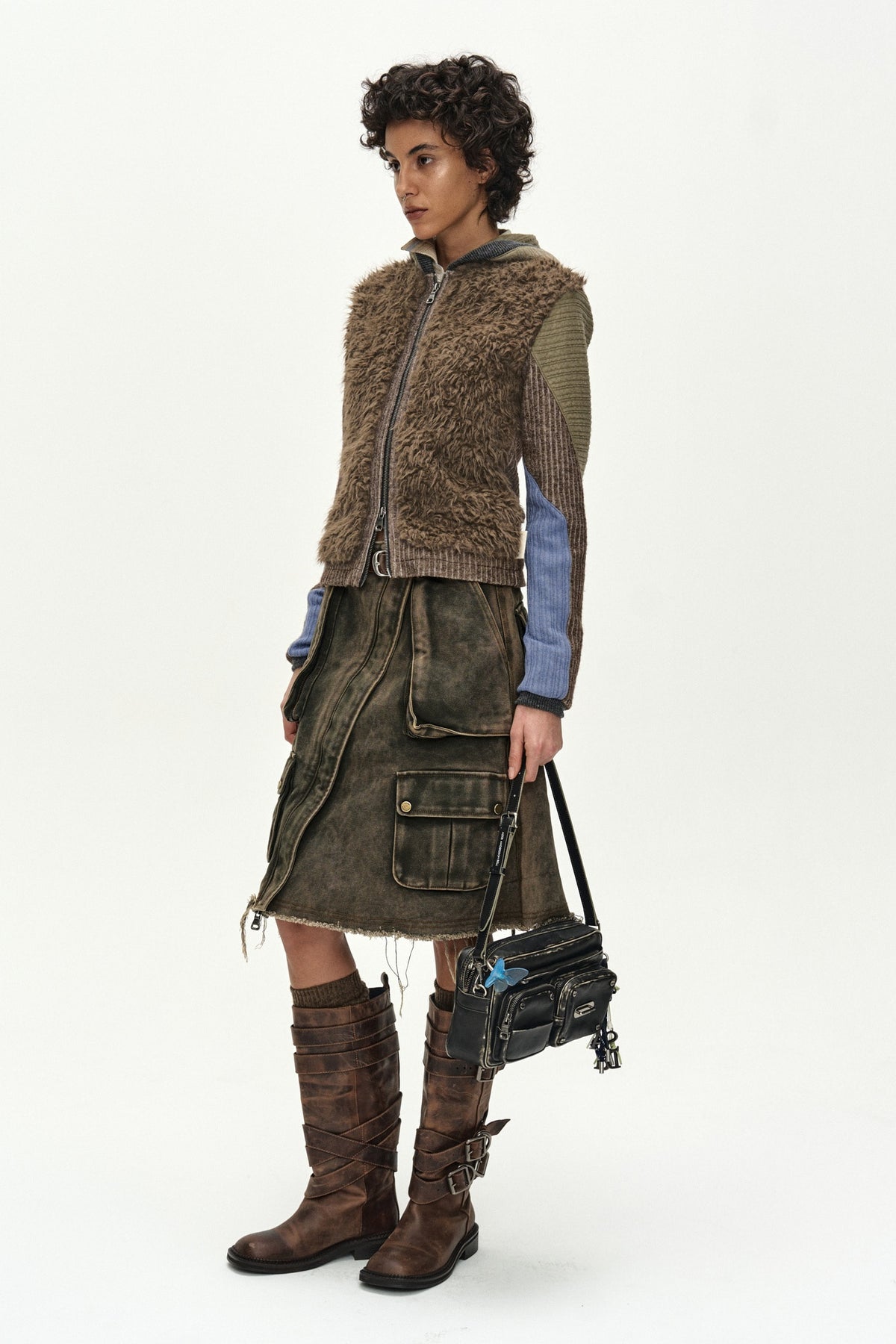 Andersson Bell - Fur Color-Blocked Hooded Zip-Up (Brown/Blue) product image 2 | TRAB K-Fashion Australia