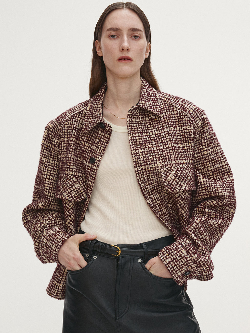 Tonywack - Checked Wool Tweed Shirt Jacket Italian Fabric (Burgundy/Ecru) product image 5 | TRAB K-Fashion Australia