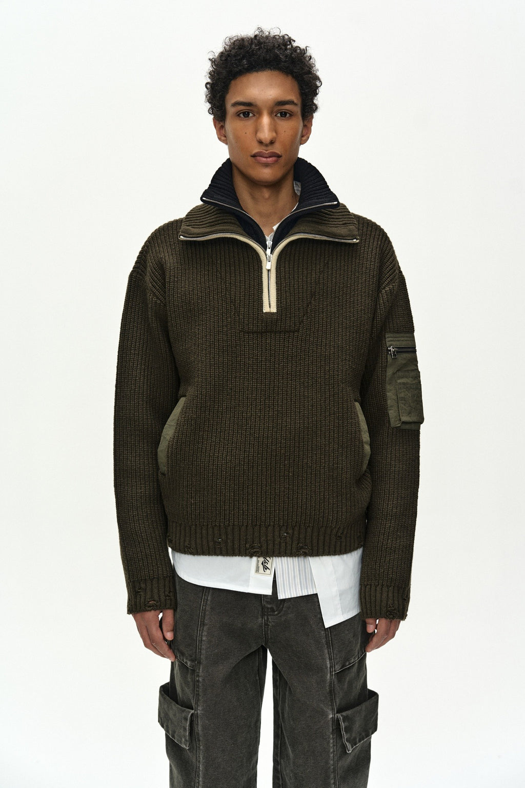 Andersson Bell - Double Layered Quarter Zip-Up Sweater (Khaki/Black) product image 1 | TRAB K-Fashion Australia