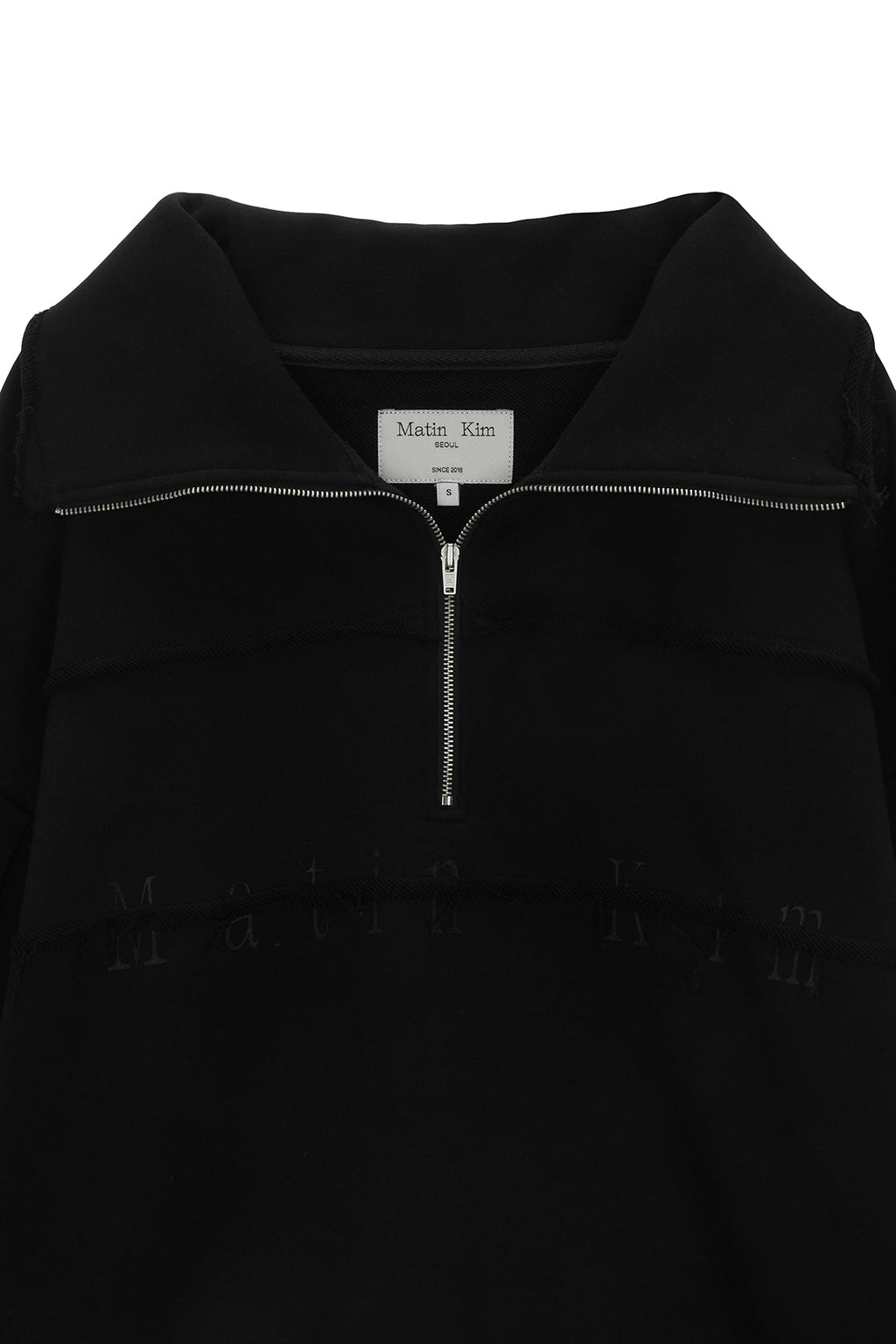 Matin Kim - Cutted Logo Half Zip Sweatshirt (Black) product image 3 | TRAB K-Fashion Australia