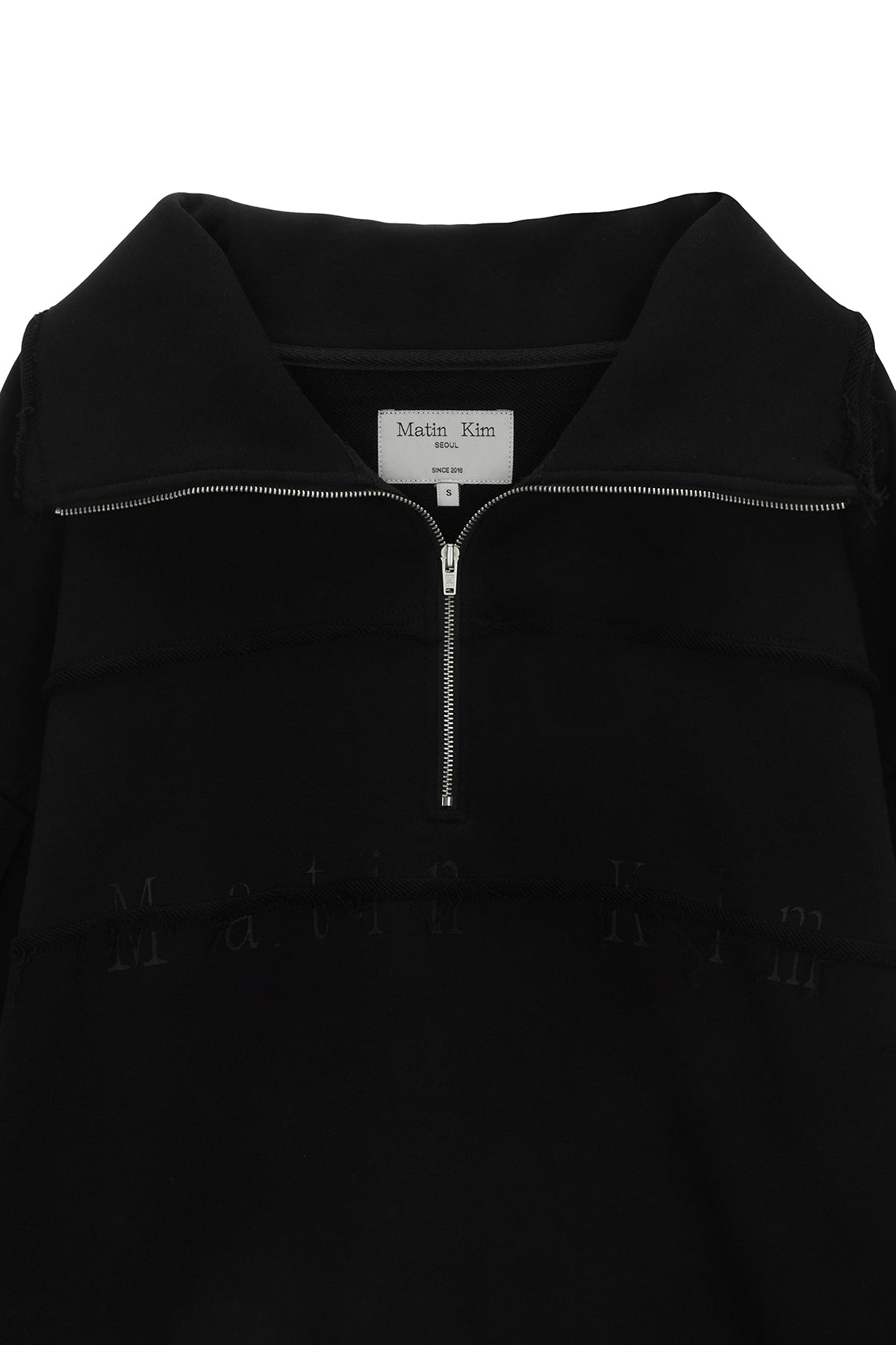Matin Kim - Cutted Logo Half Zip Sweatshirt (Black) product image 3 | TRAB K-Fashion Australia