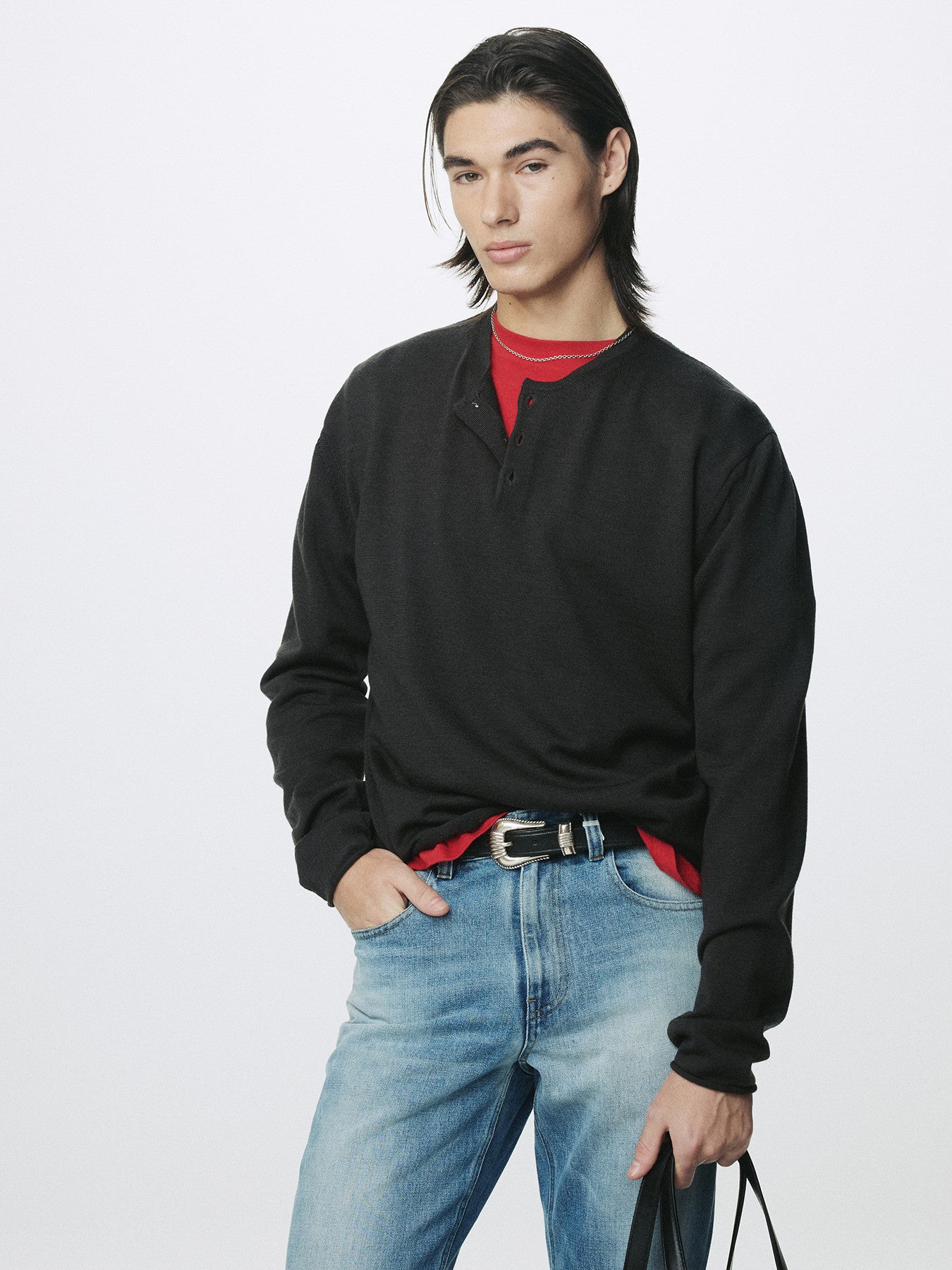 Tonywack - Extra Fine Wool Raw Hem Henley Neck Knit (Anthracite) product image 5 | TRAB K-Fashion Australia