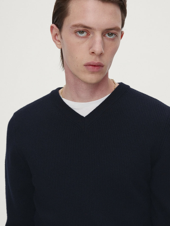 Tonywack - Super Fine Wool Ribbed V-Neck Sweater (Navy) product image 6 | TRAB K-Fashion Australia
