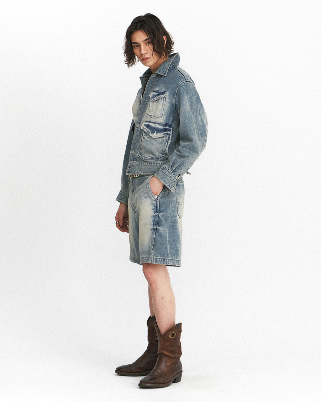 Eastlogue - Cinch Back Curved Shorts (Light Indigo) product image 4 | TRAB K-Fashion Australia