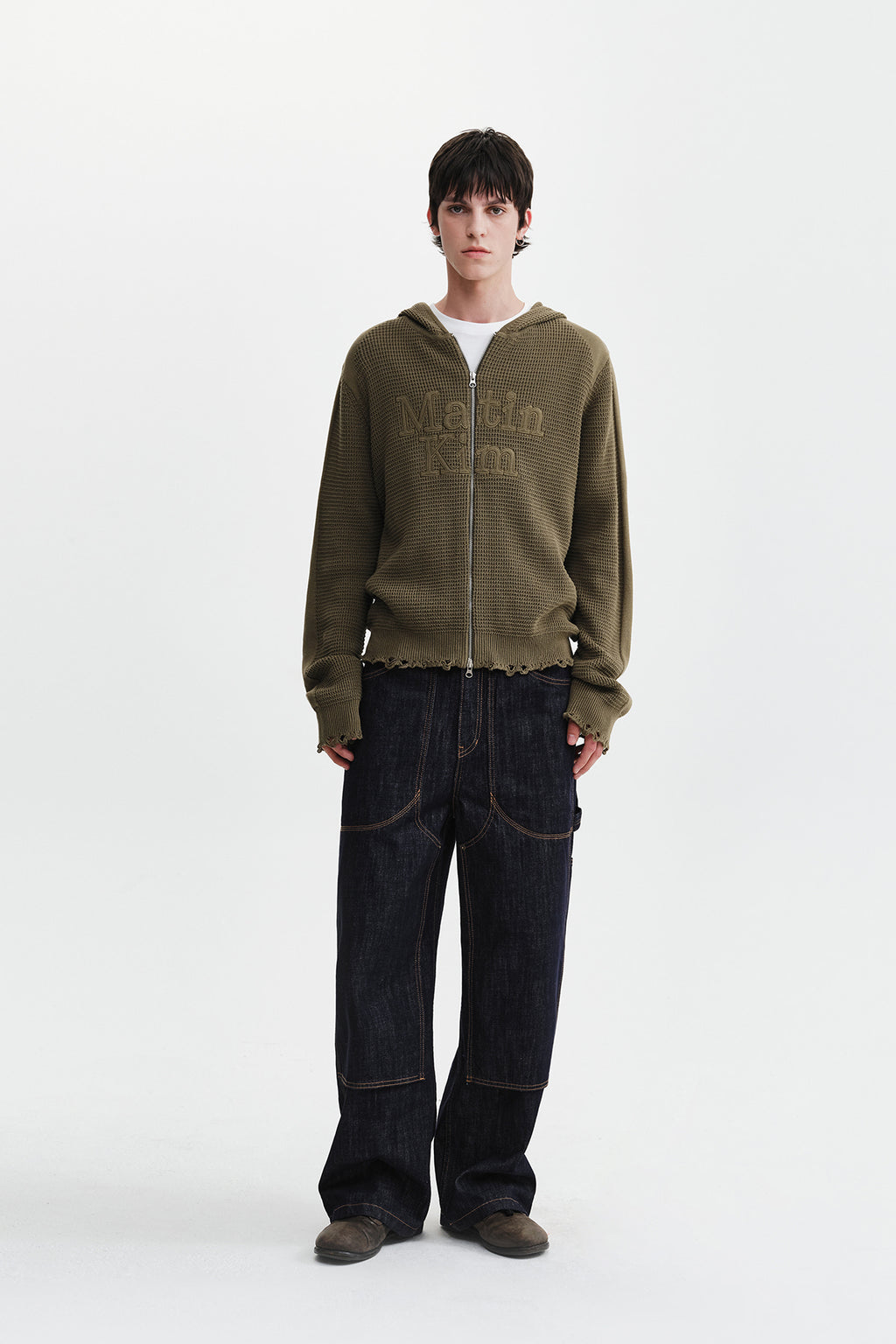 Matin Kim - Waffle Texture Hoody Knit Zip Up (Khaki) product image 9 | TRAB K-Fashion Australia