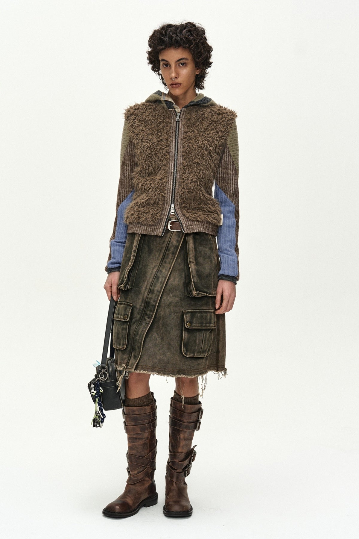 Andersson Bell - Fur Color-Blocked Hooded Zip-Up (Brown/Blue) product image 1 | TRAB K-Fashion Australia