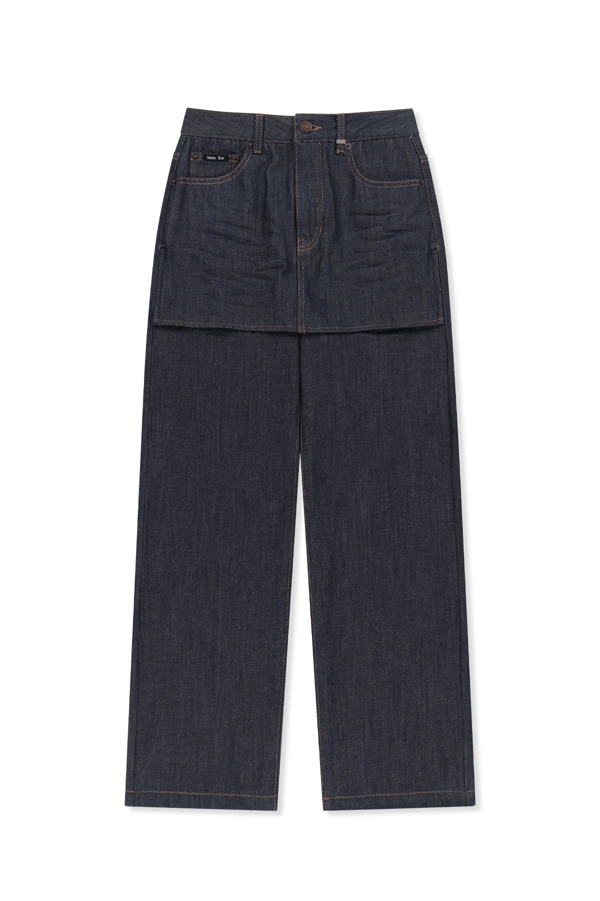 Matin Kim - Skirt Overlay Denim Pants (Dark Navy) product image 1 | TRAB K-Fashion Australia