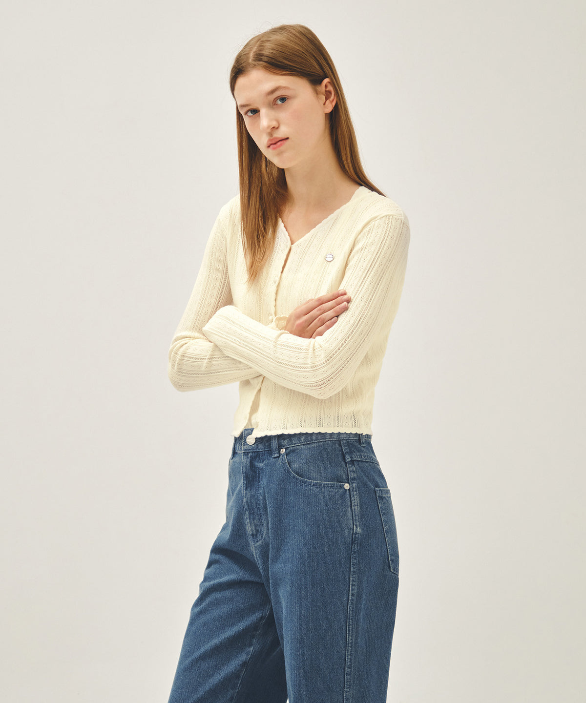 Marithe & Francois Girbaud - V-neck Crochet Knit Cardigan (Ivory) product image 1 | TRAB K-Fashion Australia