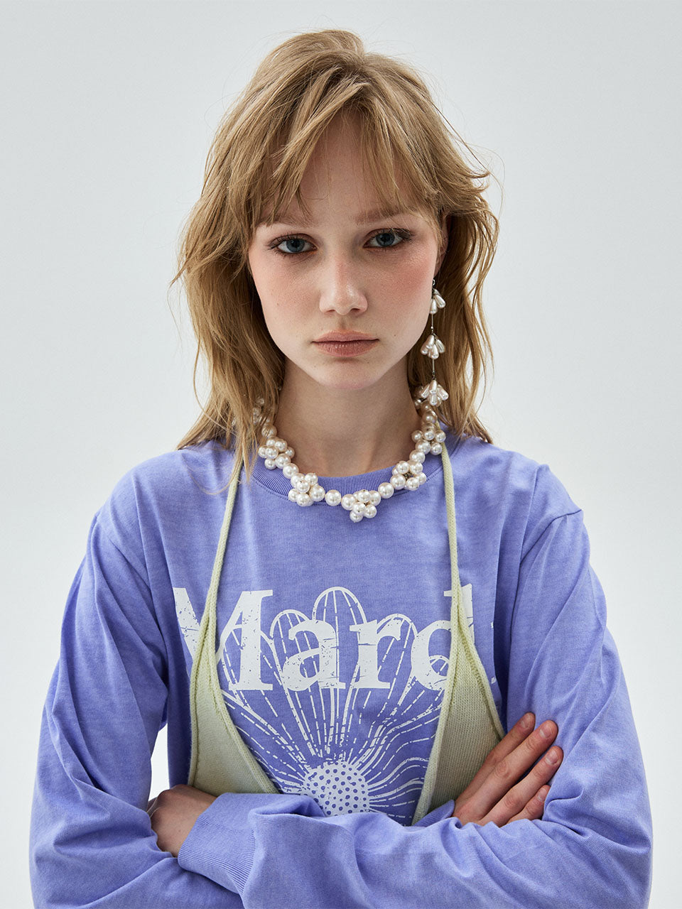 Mardi Mercredi - Tshirt Long Sleeve Flowermardi Cracked Pigment Washing (Lavender White) product image 1 | TRAB K-Fashion Australia