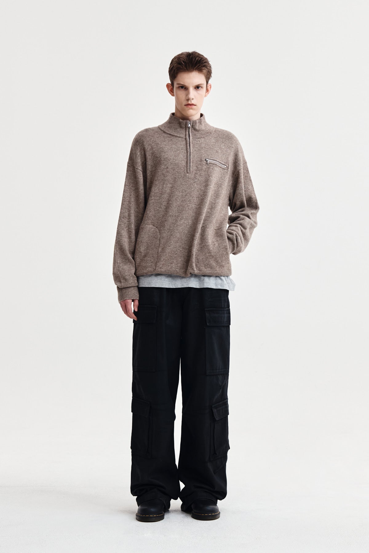Matin Kim - Back Logo Half Knit Zip Up Pullover (Dark Beige) product image 8 | TRAB K-Fashion Australia
