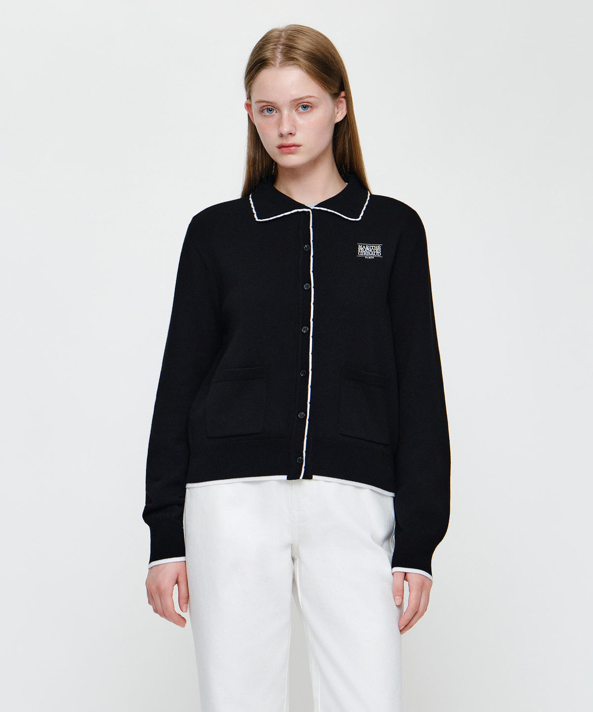 Marithe & Francois Girbaud - Small Classic Logo Collar Lace Trimming Cardigan (Black) product image 1 | TRAB K-Fashion Australia