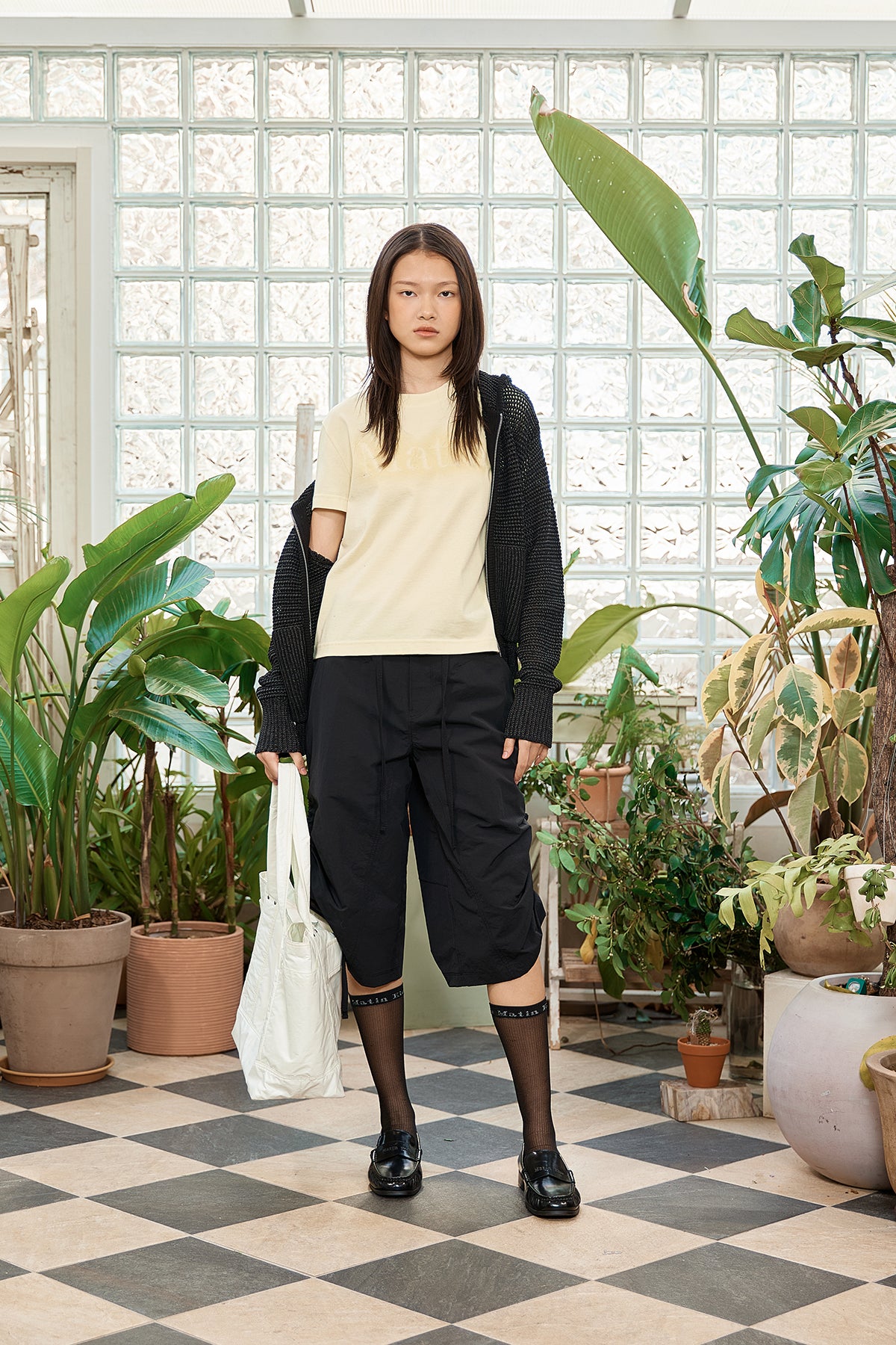 Matin Kim - Two Tone Mesh Knit Hoody Zip Up (Black) product image 9 | TRAB K-Fashion Australia