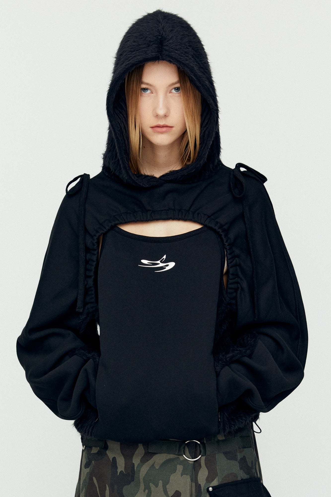 Andersson Bell - (essential) Cut Out Shirring Hoodie (Black) product image 1 | TRAB K-Fashion Australia