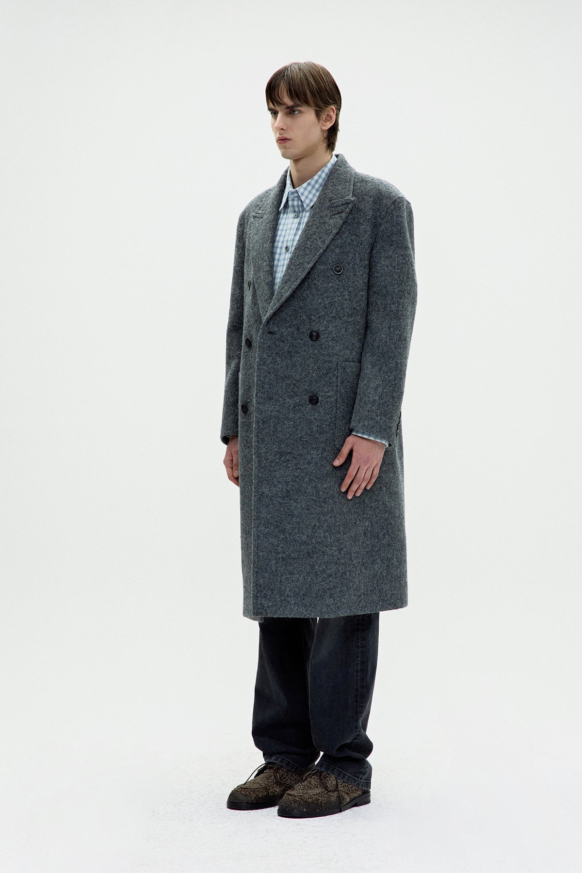 Coor - Hairy Peaked Lapel Double Coat (Melange Gray) product image 3 | TRAB K-Fashion Australia