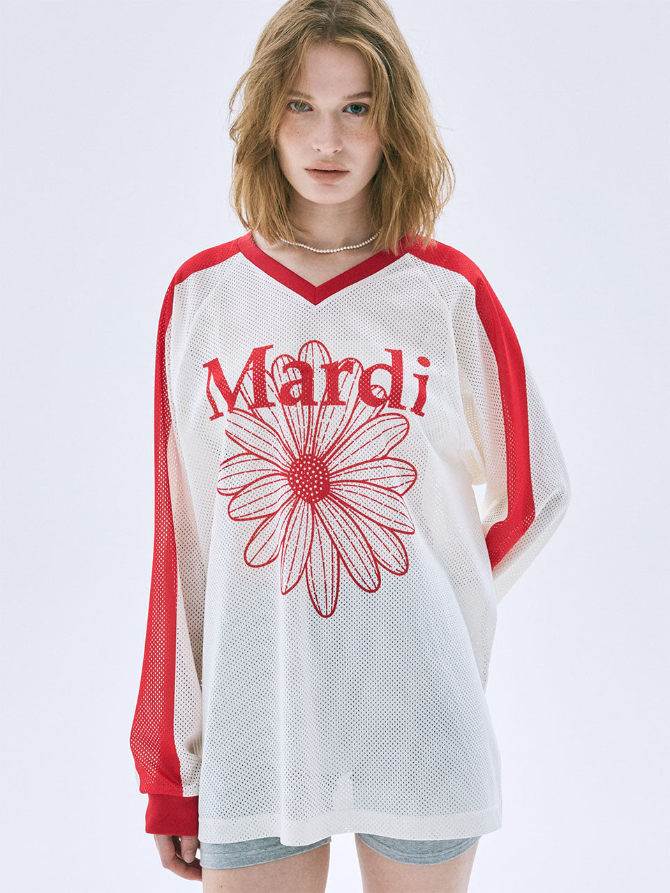 Mardi Mercredi - Mesh Jersey Top Long Sleeve Flowermardi (Ivory Red) product image 1 | TRAB K-Fashion Australia