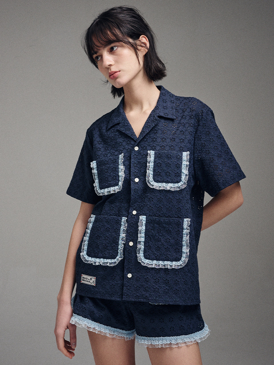 Mardi Mercredi - Shirt Half Sleeve Eyelet Frill (Navy) product image 1 | TRAB K-Fashion Australia
