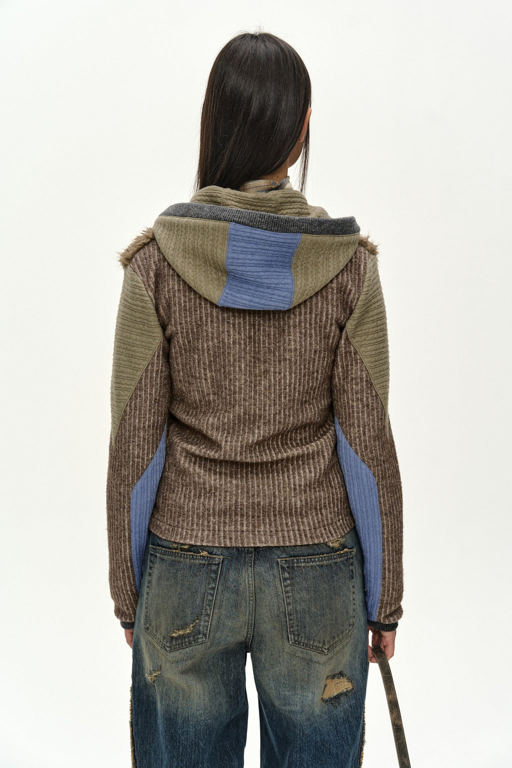Andersson Bell - Fur Color-Blocked Hooded Zip-Up (Brown/Blue) product image 5 | TRAB K-Fashion Australia
