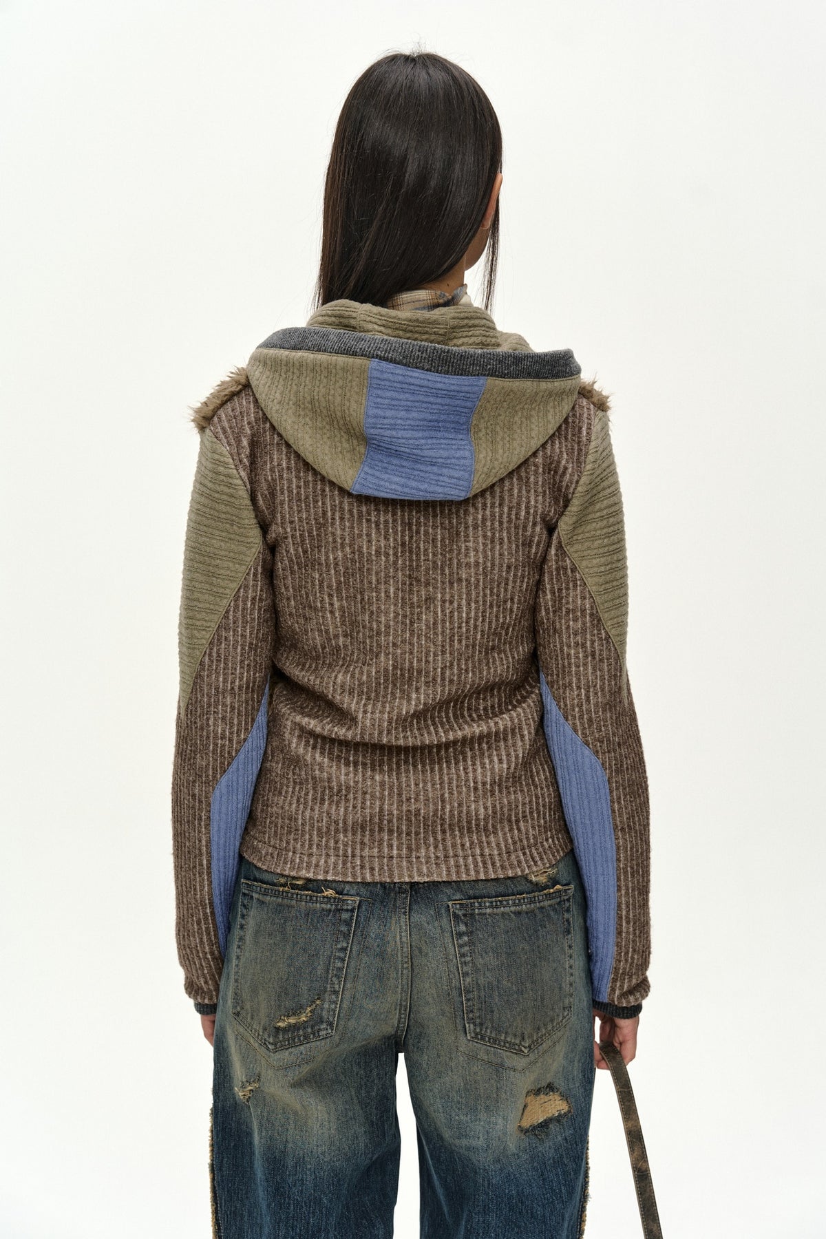 Andersson Bell - Fur Color-Blocked Hooded Zip-Up (Brown/Blue) product image 5 | TRAB K-Fashion Australia