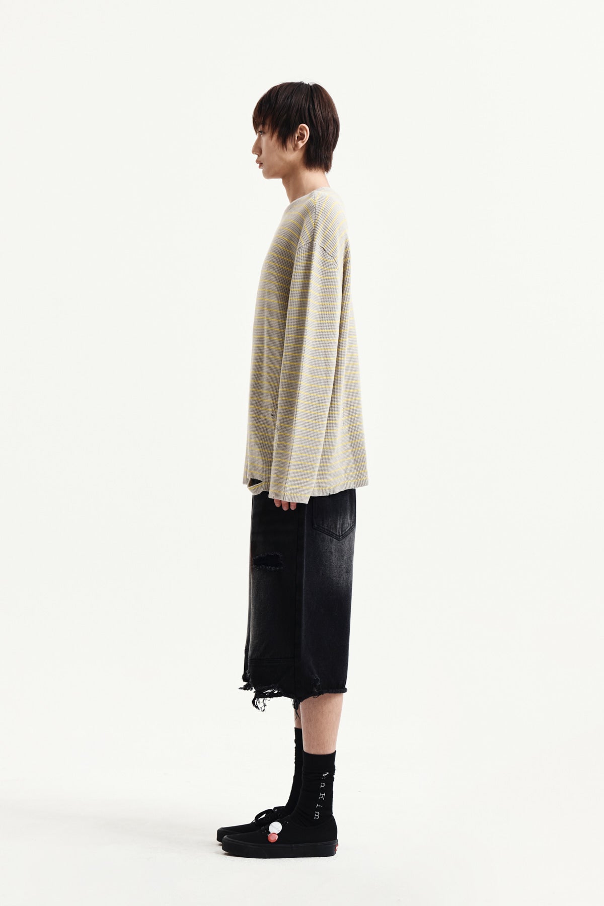 Matin Kim - Stripe Damaged Loose Pullover (Beige) product image 11 | TRAB K-Fashion Australia