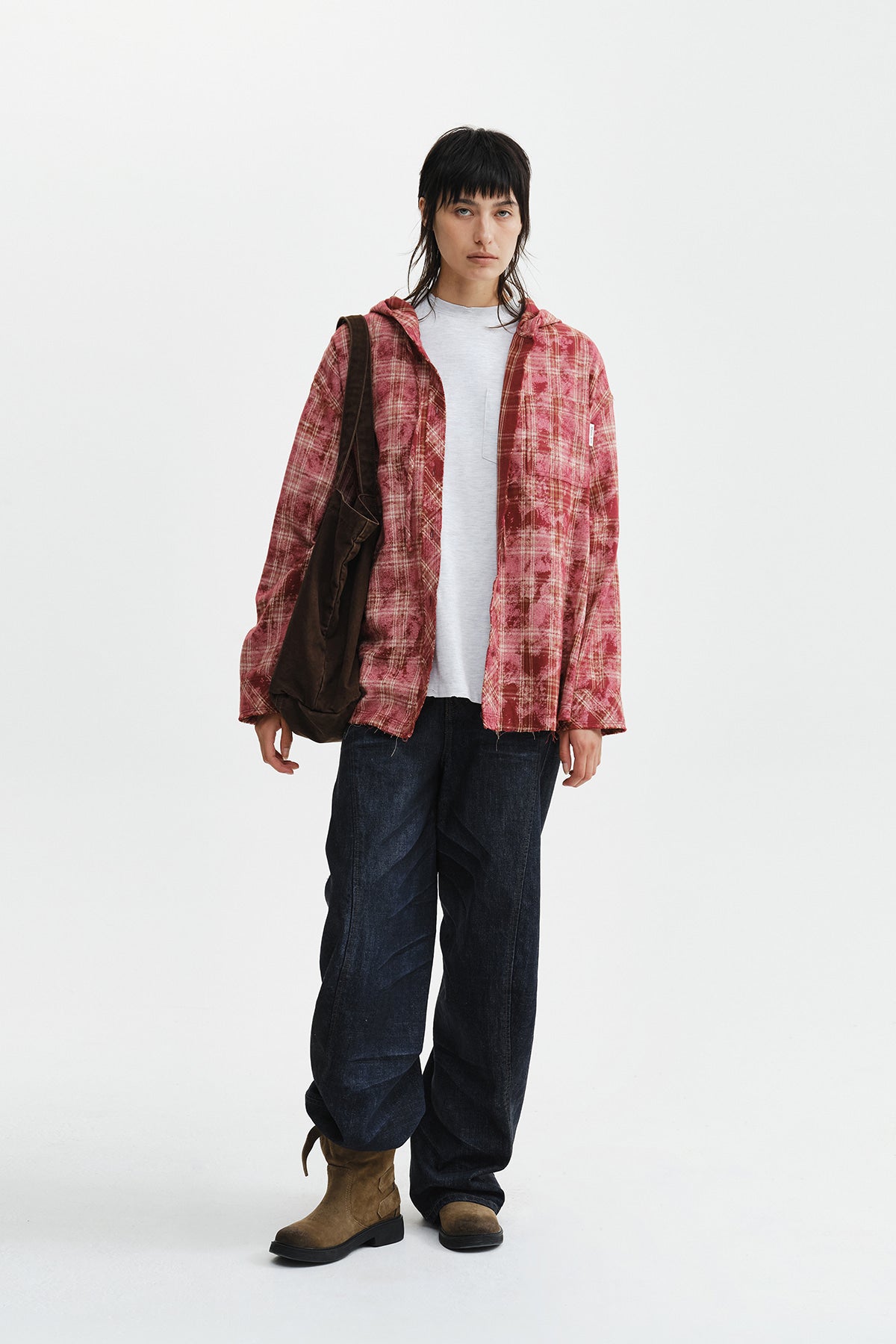 Matin Kim - Raw Cut Check Hooded Shirt (Red) product image 10 | TRAB K-Fashion Australia