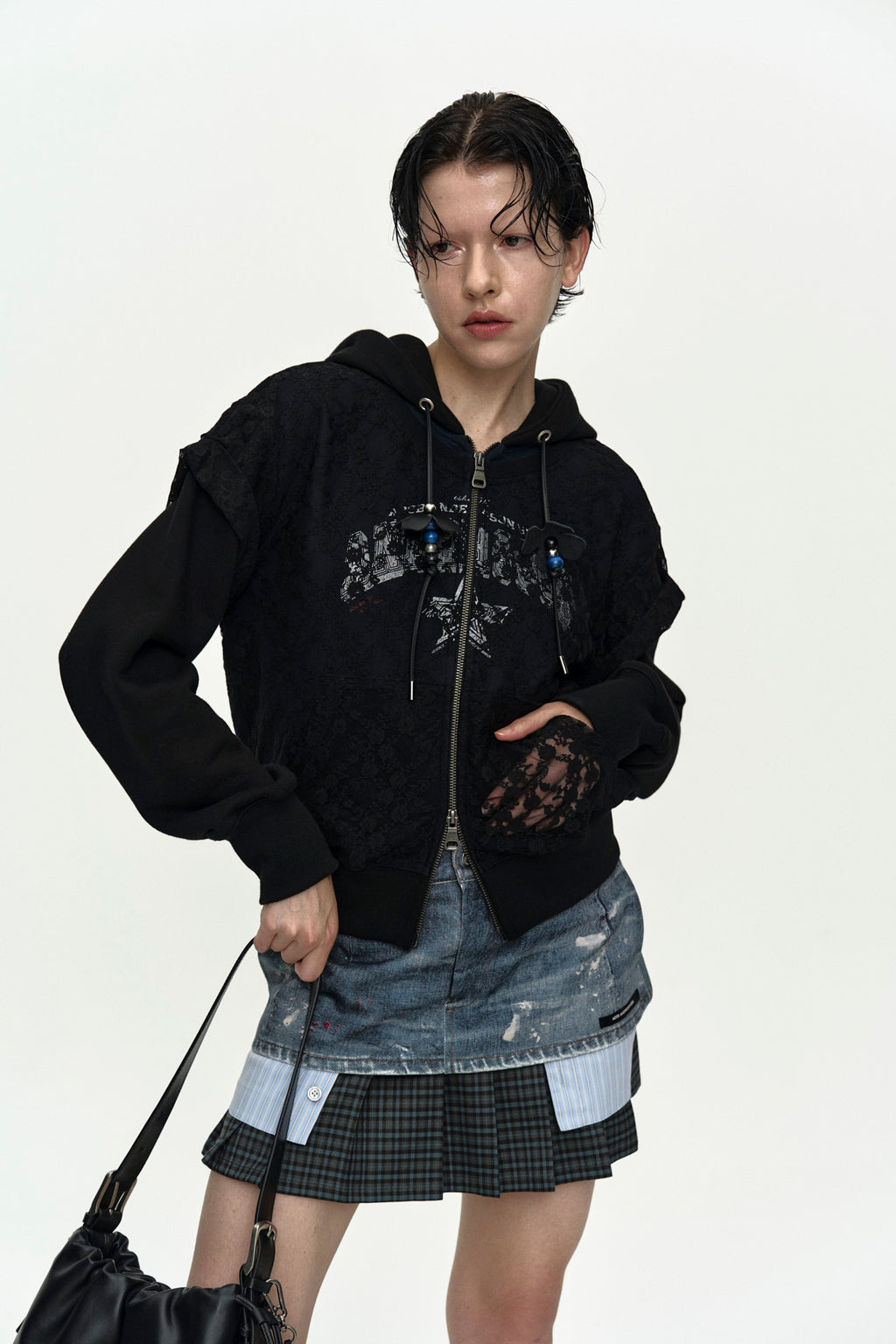 Andersson Bell - Lace Layered Hood Zip Up (Navy / Black) product image 4 | TRAB K-Fashion Australia