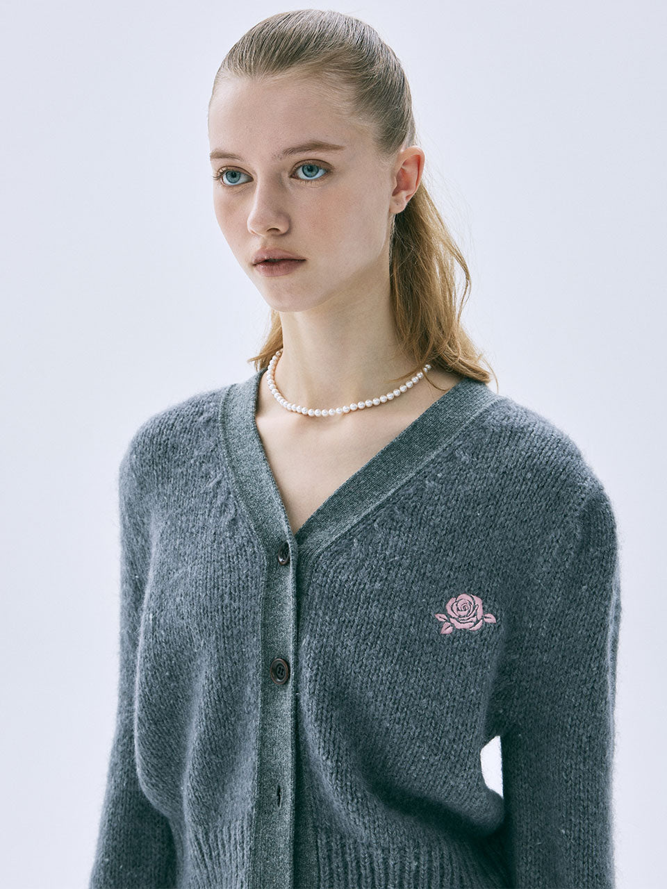 Mardi Mercredi - Cashmere Blended Cardigan Puff Sleeve (Grey Pink) product image 1 | TRAB K-Fashion Australia