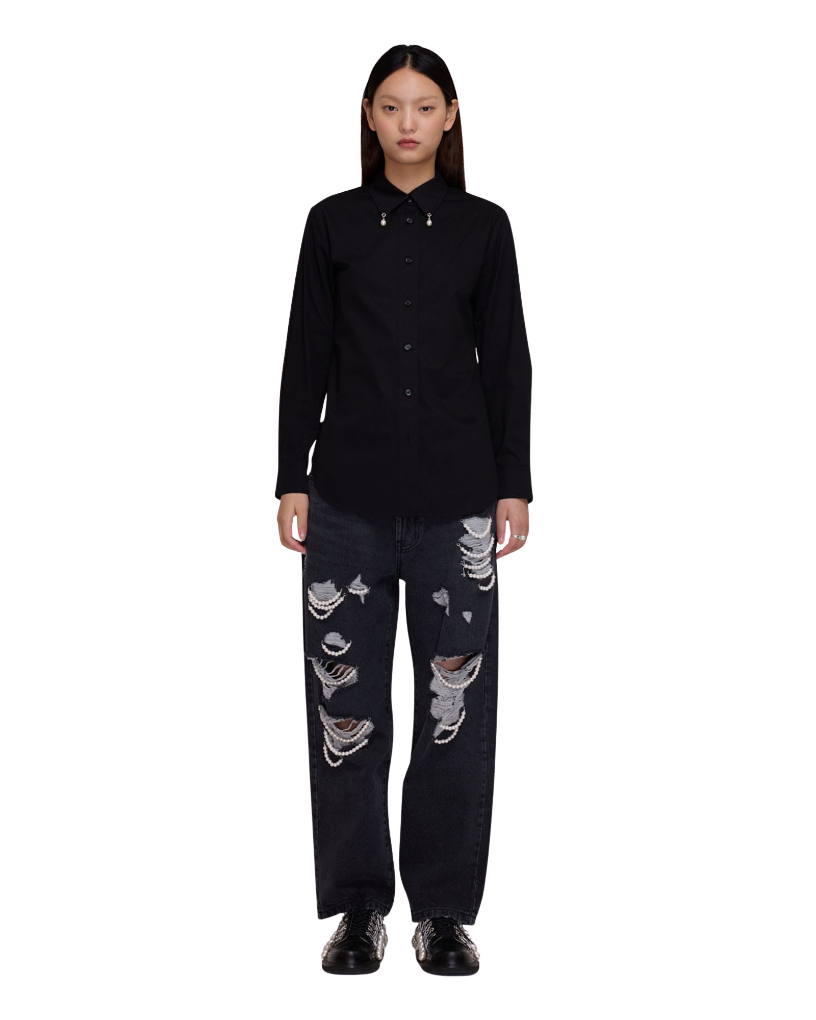 Kimhe Kim - Pearl Tear Drop Classic Shirt (Black) product image 1 | TRAB K-Fashion Australia