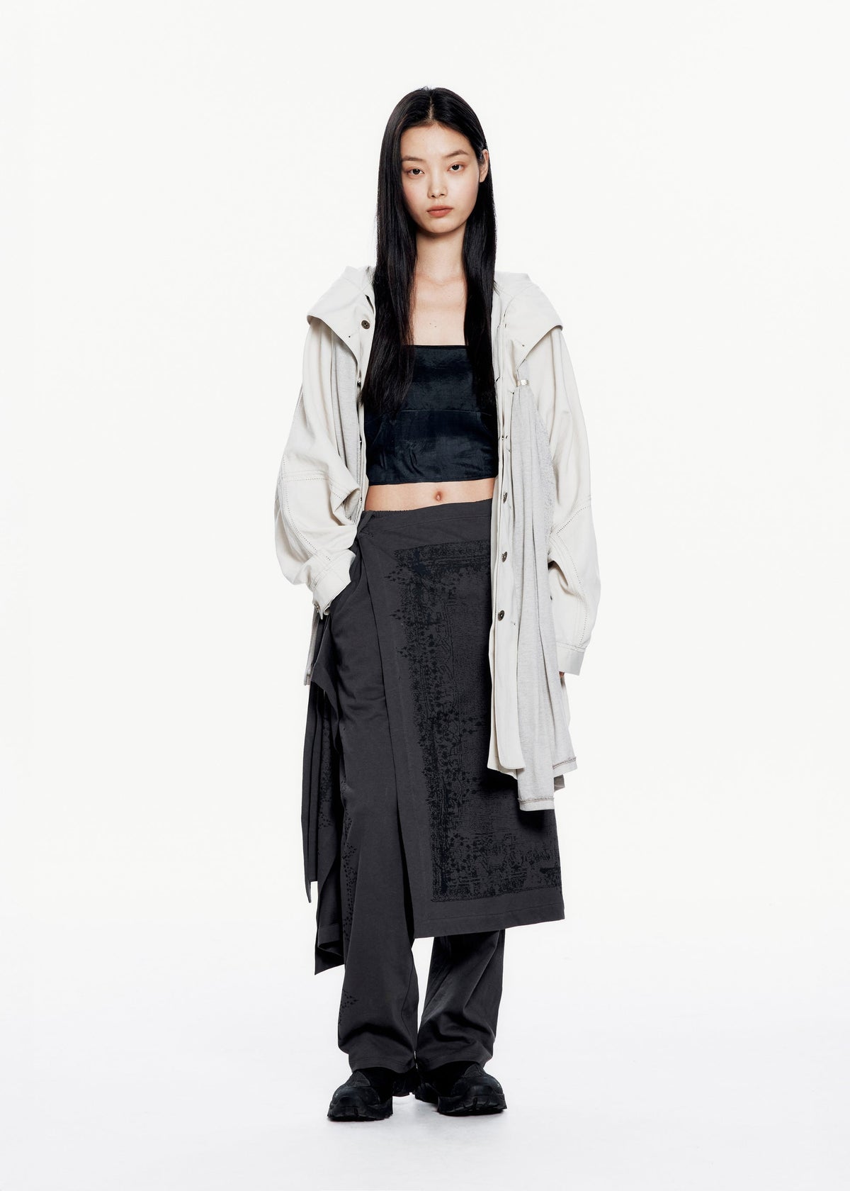 Hyein Seo - Hooded Coat w/ Graphic Muffler (Mist Grey) product image 5 | TRAB K-Fashion Australia