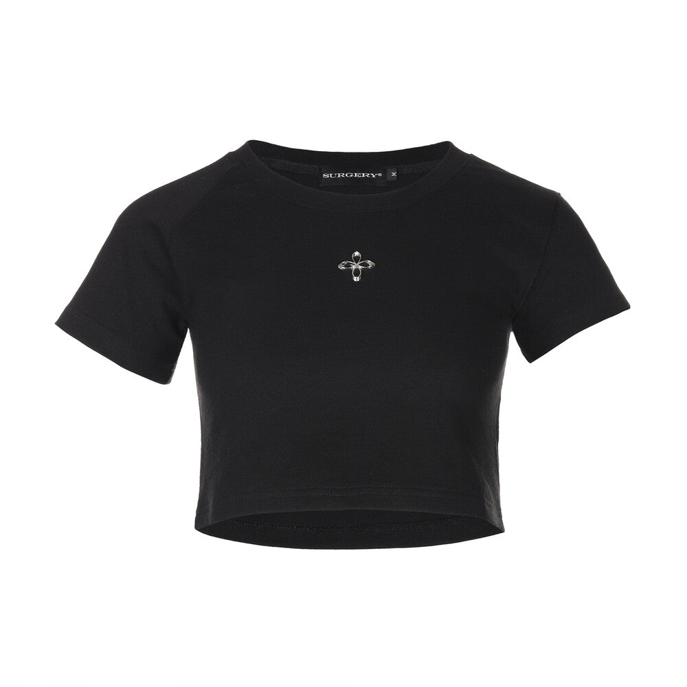 Surgery - Unbalance Metal Clover Logo Crop T-shirts (Black) product image 1 | TRAB K-Fashion Australia