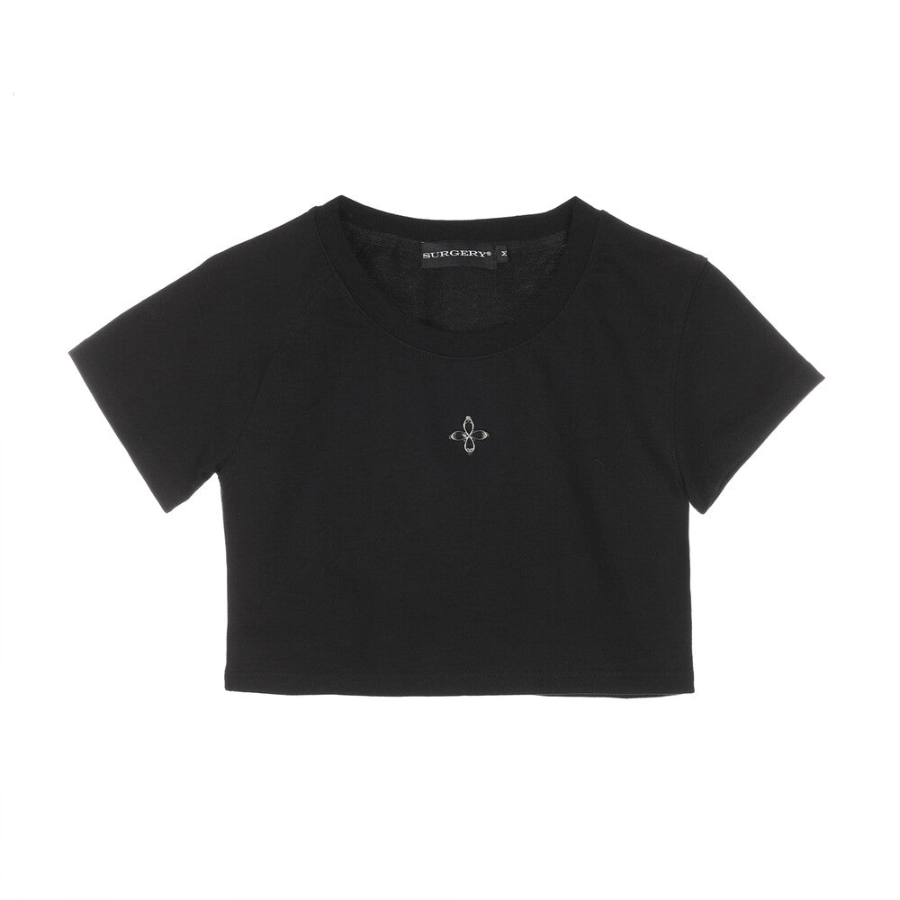 Surgery - Unbalance Metal Clover Logo Crop T-shirts (Black) product image 9 | TRAB K-Fashion Australia
