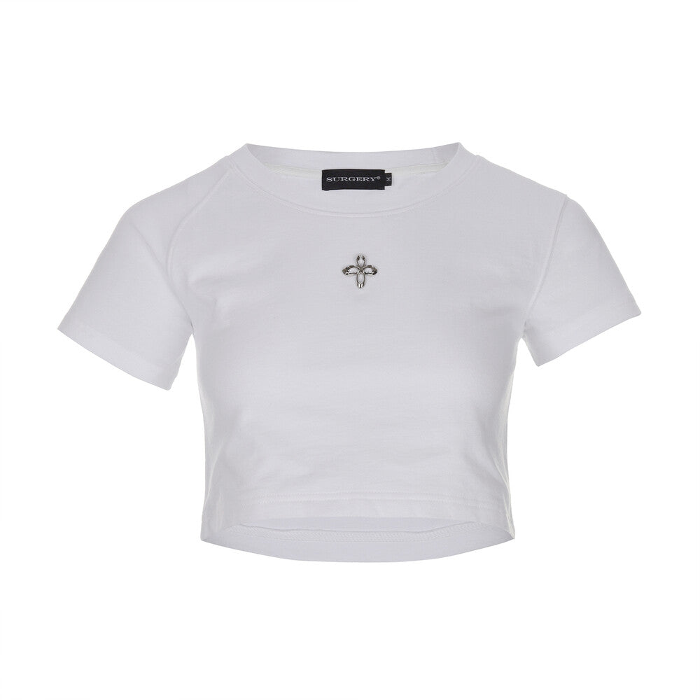 Surgery - Unbalance Metal Clover Logo Crop T-shirts (White) product image 1 | TRAB K-Fashion Australia