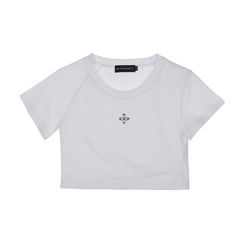 Surgery - Unbalance Metal Clover Logo Crop T-shirts (White) product image 9 | TRAB K-Fashion Australia
