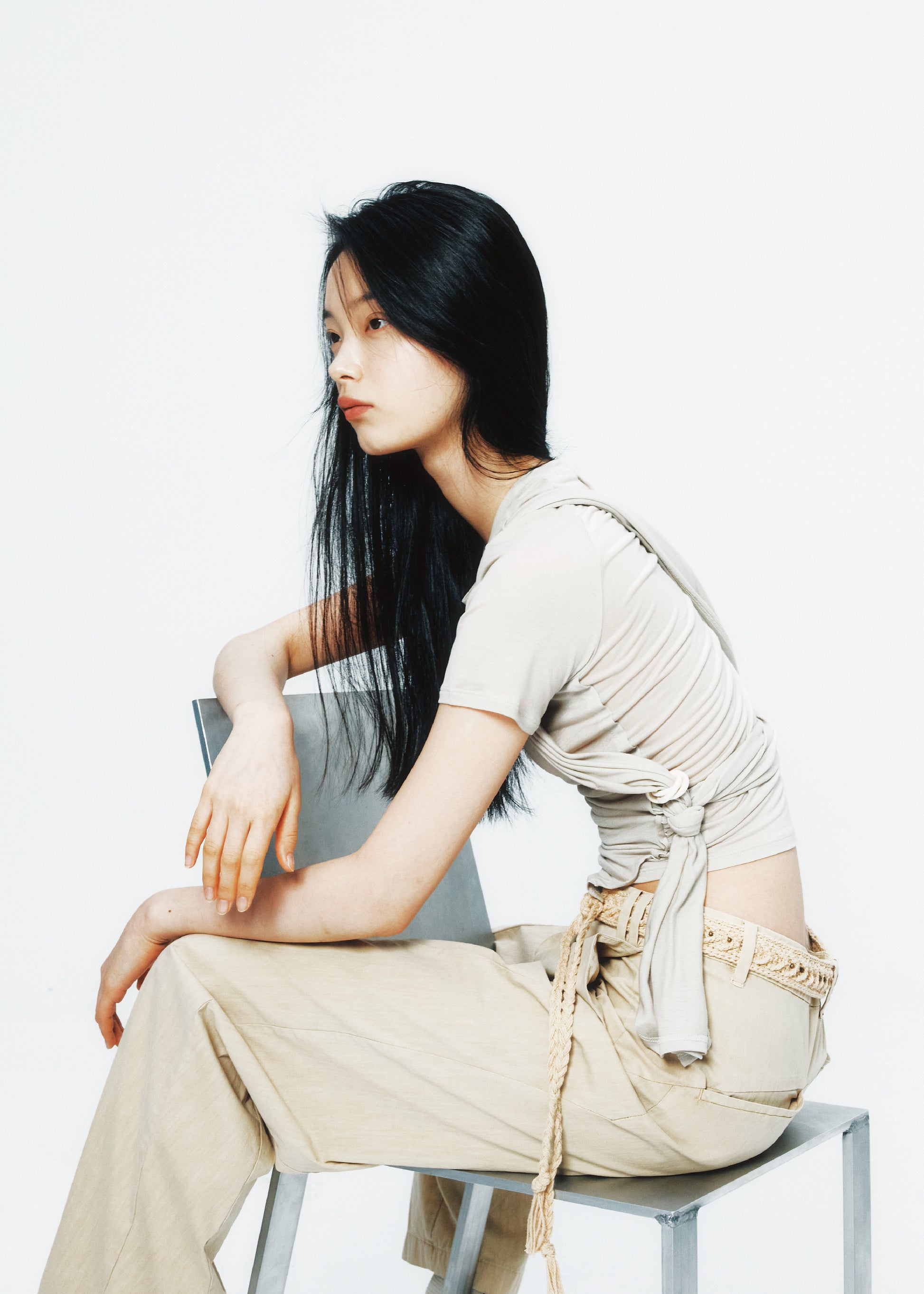 Hyein Seo - Tied Asymmetric T-shirt (Beige) product image 1 | TRAB K-Fashion Australia
