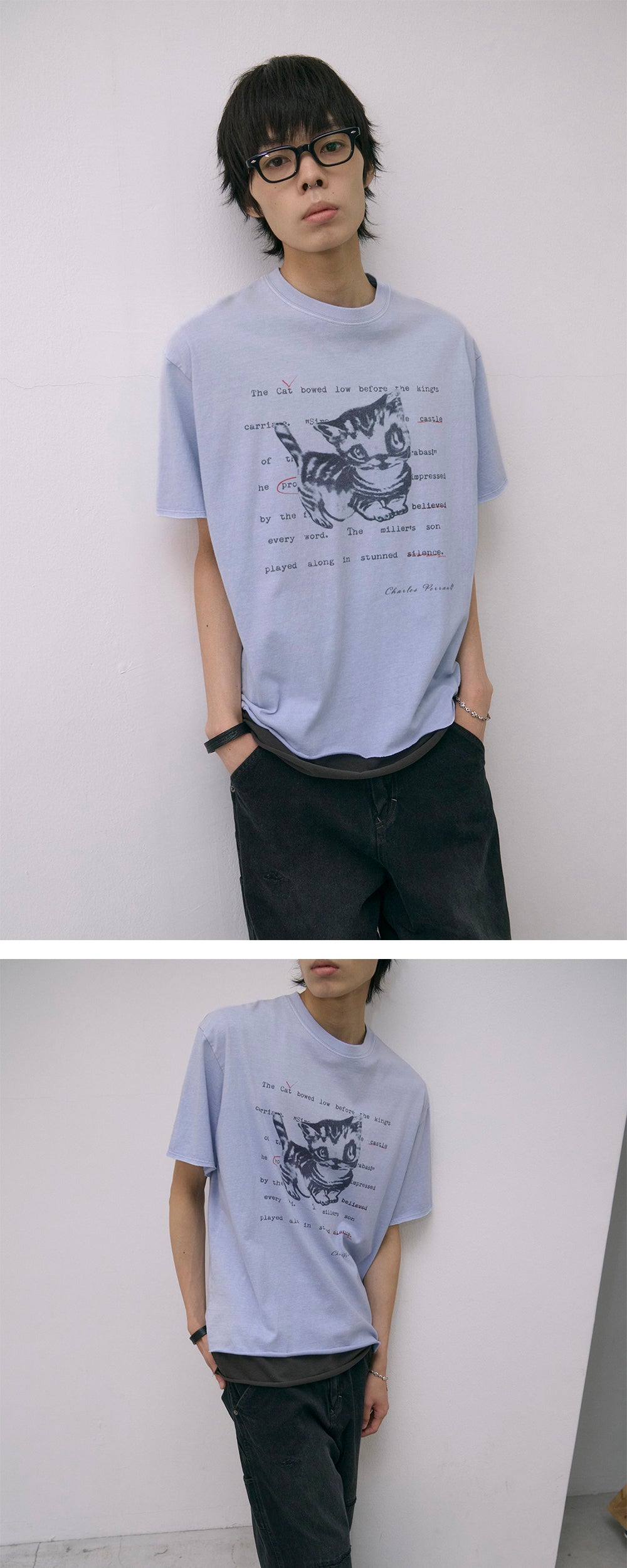 Polyteru - HANK Doodle Cat 1/2 Tee Raw Cut (Light Blue) product image 3 | TRAB K-Fashion Australia