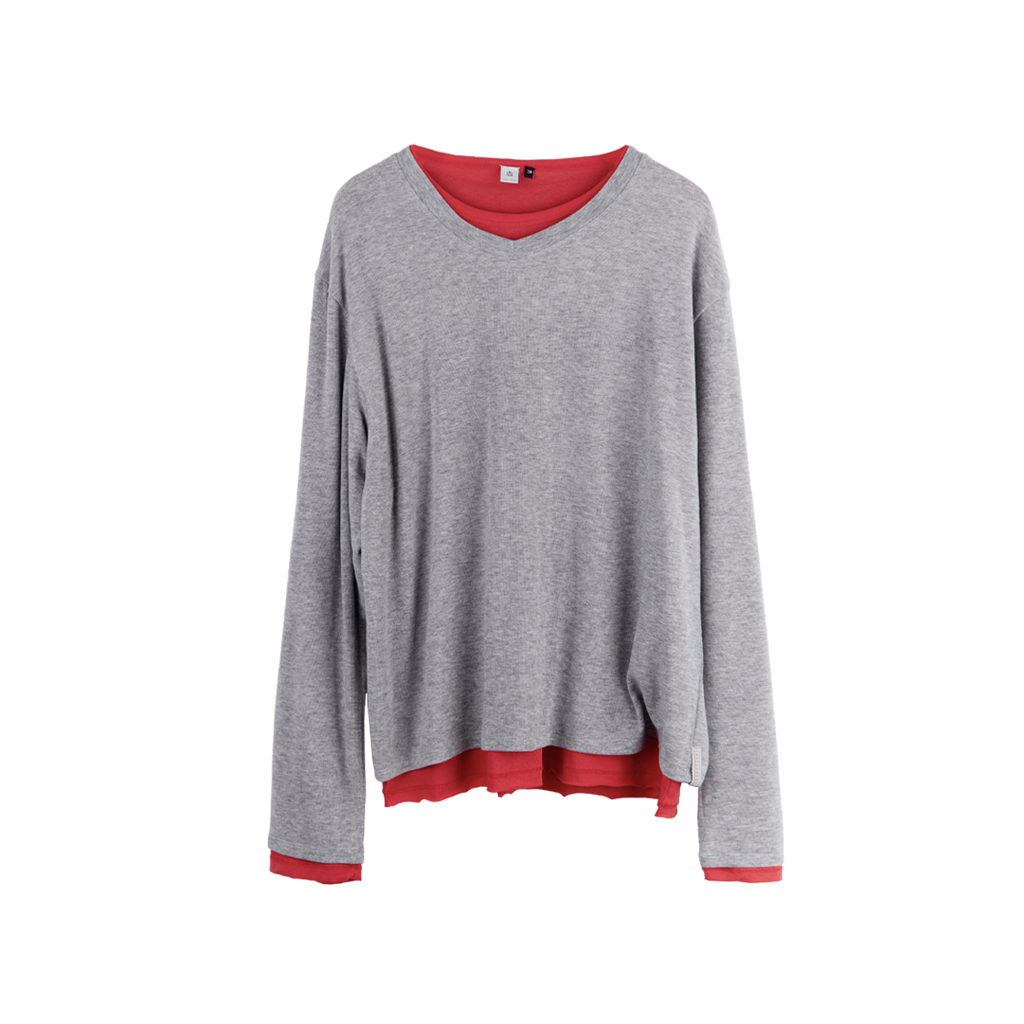 Polyteru - V-Neck Knit Layered Long Sleeves Melange Gray + (Red) product image 1 | TRAB K-Fashion Australia