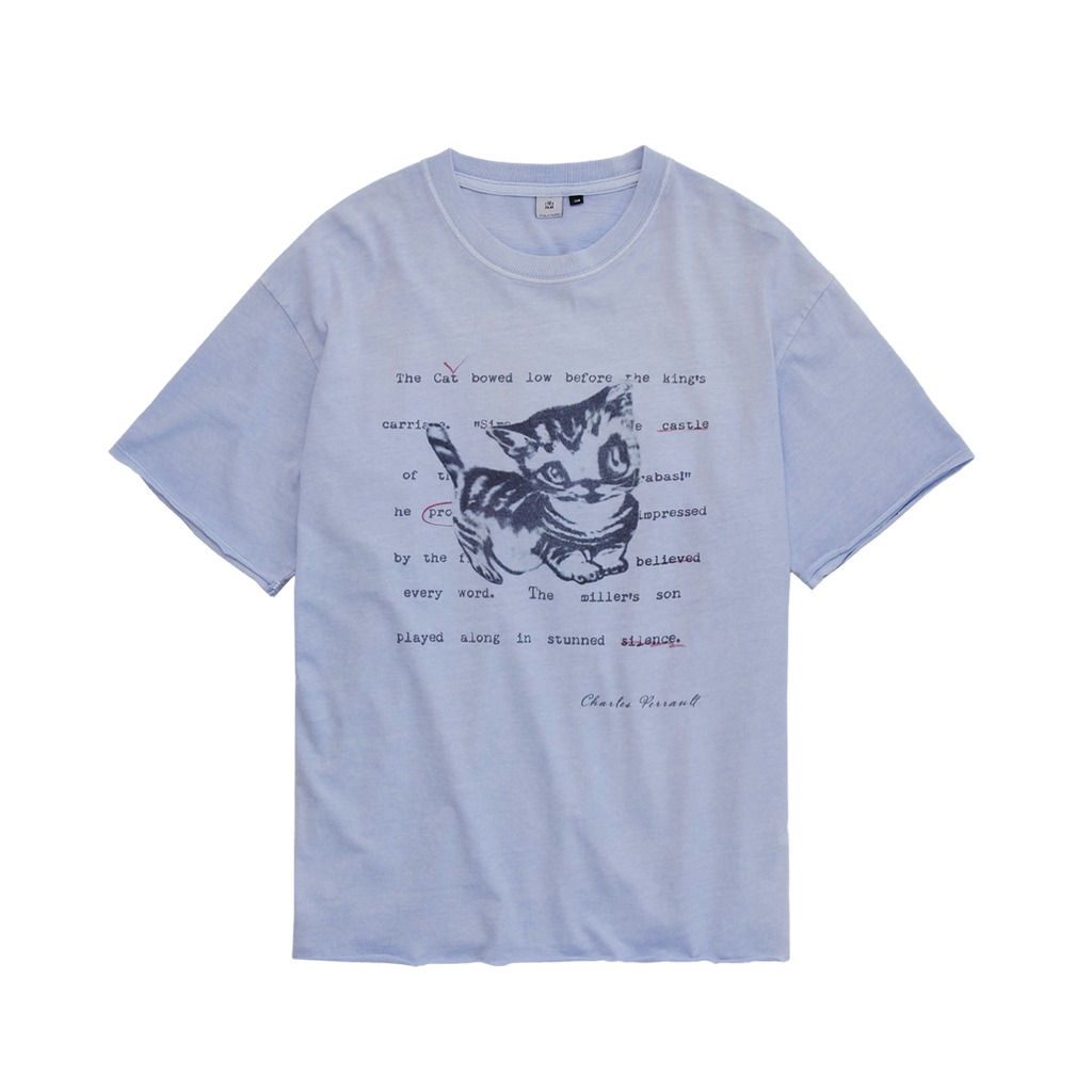 Polyteru - HANK Doodle Cat 1/2 Tee Raw Cut (Light Blue) product image 1 | TRAB K-Fashion Australia