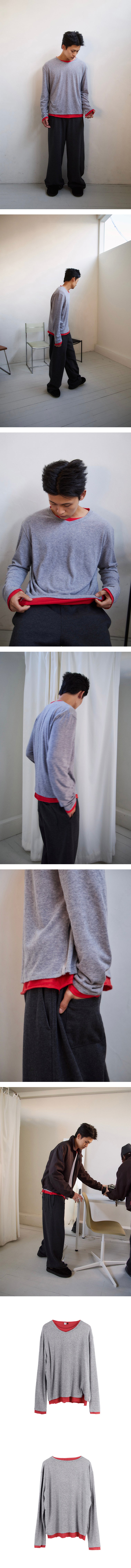 Polyteru - V-Neck Knit Layered Long Sleeves Melange Gray + (Red) product image 3 | TRAB K-Fashion Australia